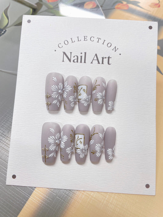 Hand Painted Floral Press On Nails: White Pearl Faux Nails, Reusable