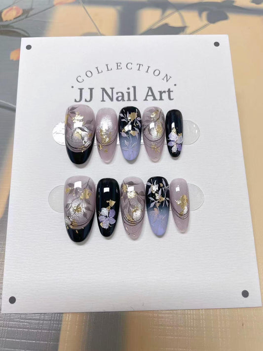 Gold Foils Hand Painted Press On Nails: Custom Shape Reusable Nail Set