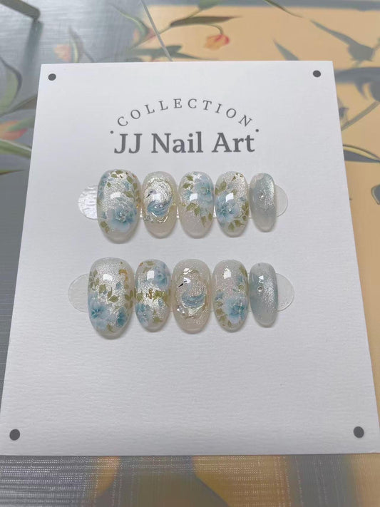 Handmade Blue Flowers Cat Eye Press On Nails: Reusable Set