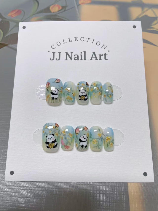 Hand Painted Pandas in Fall Press On Nails: Artist Faux Nails