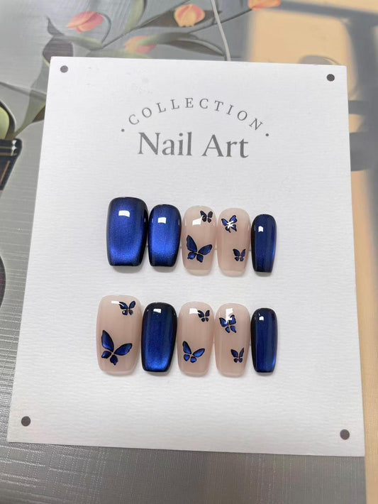 Blue Cat Eye Butterfly Press On Nails: Hand-Painted Reusable Faux Nails