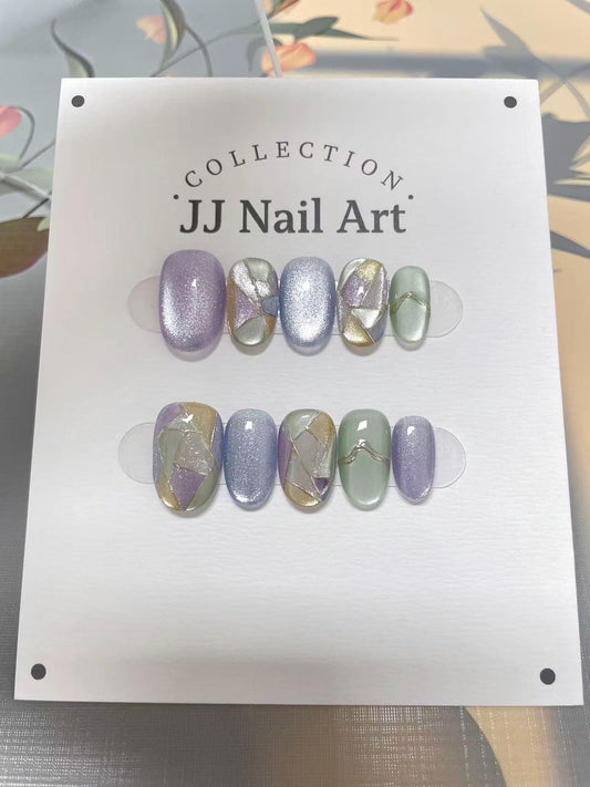 Colorful Stained Glass Hand Painted Press On Nails: Custom Shape Reusable Nail Set