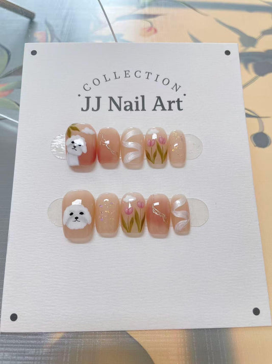 Handmade Puppy Flowers Cat Eye Petals Press On Nails: Reusable Set