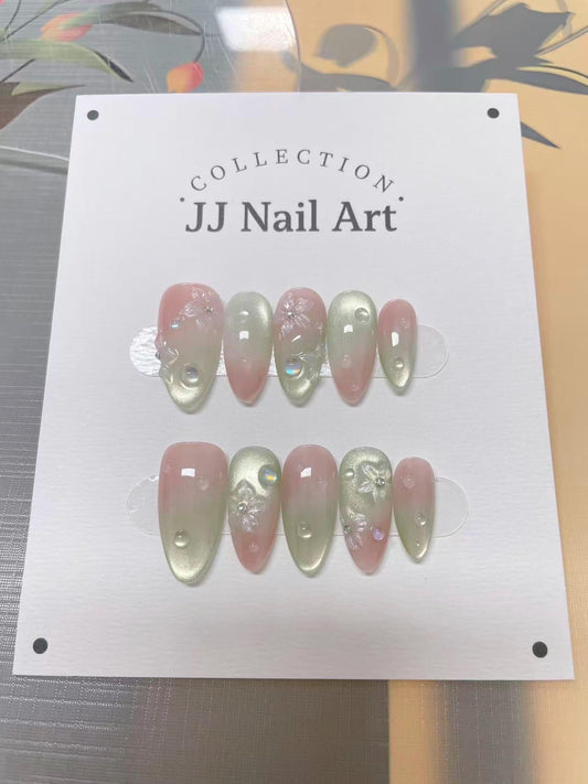 Crystal Flower Press On Nails: Hand Panited Reusable Artist Faux Nails