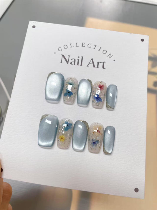Beach Flowers Press On Nails: Hand Painted Reusable Faux Nails