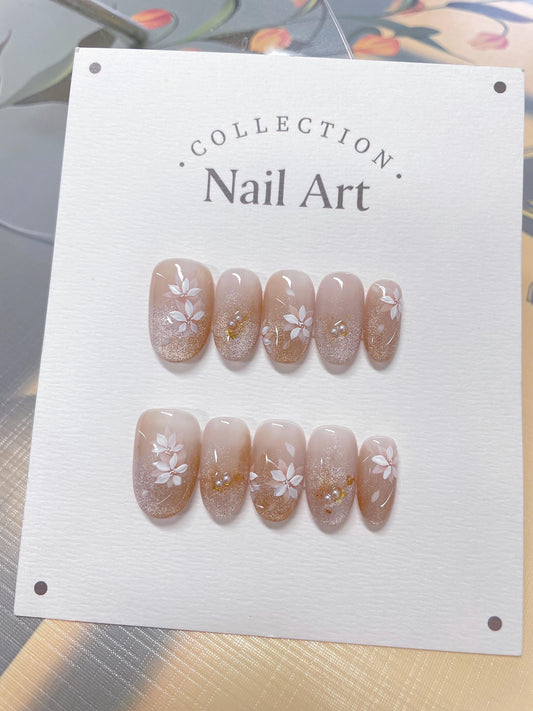 Almond Petals Press On Nails: Hand Painted Floral Faux Nails