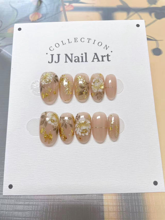 Blossoms In Gold Hand Painted Press On Nails: Custom Shape Reusable Nail Set