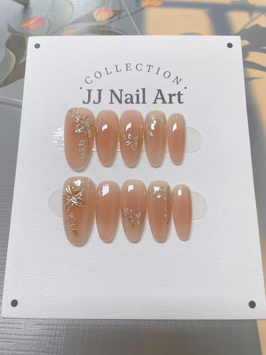Golden Petals Press On Nails: Custom Shape Reusable Set