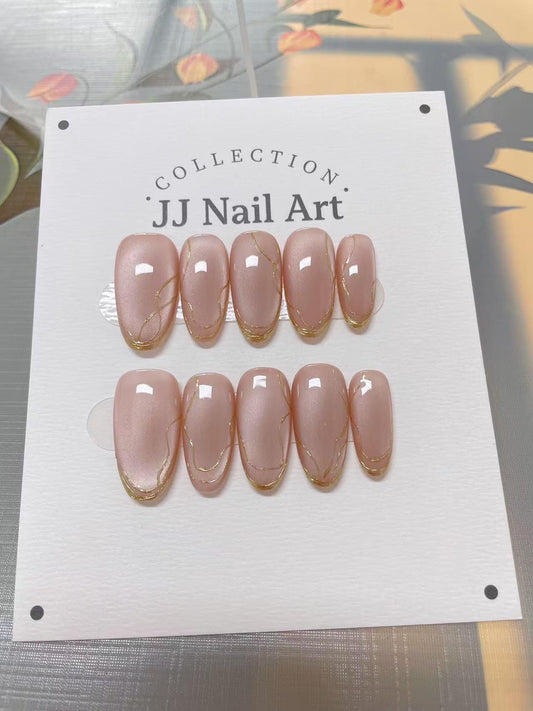 Silky Peach Cat Eye Hand Painted Press On Nails: Custom Shape Reusable Nail Set