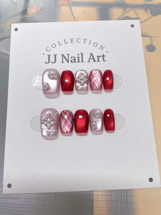 Pattern Red Cat Eye Hand Painted Press On Nails: Custom Shape Reusable Nail Set