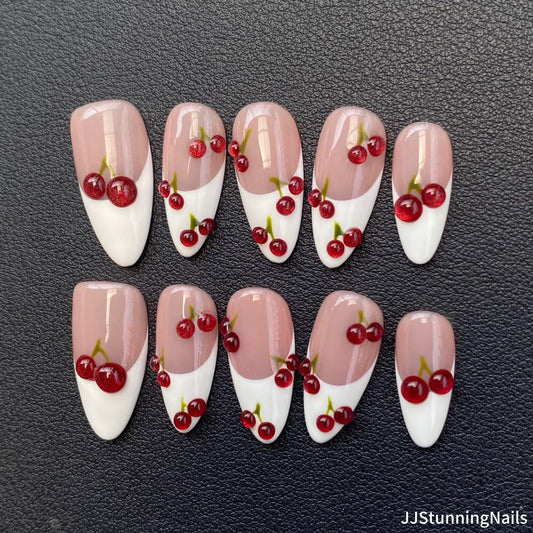 3D Cherry Press On Nails: Handmade Gel Almond Faux Nails