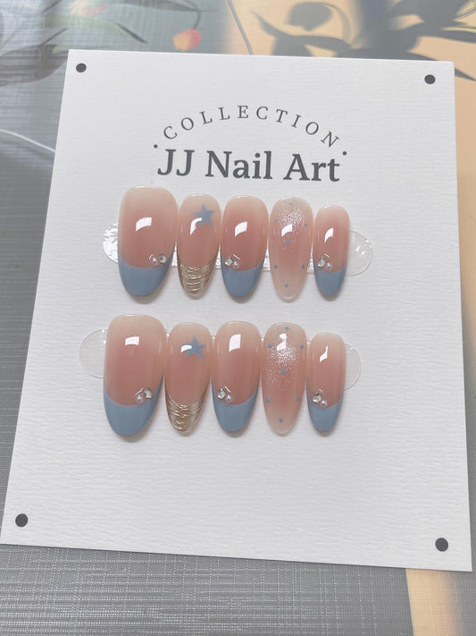 Blue Stars French Press On Nails: Reusable Custom Shape Set