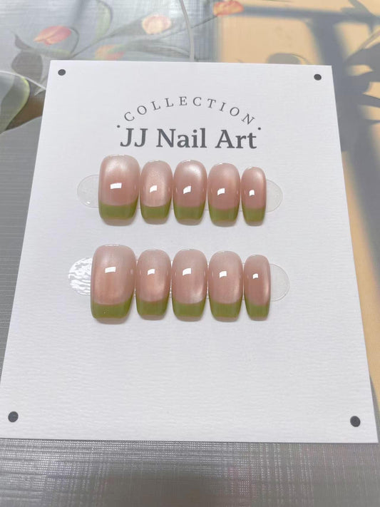 Green French Cat Eye Handmade Press On Nails: Reusable Custom Shape Set