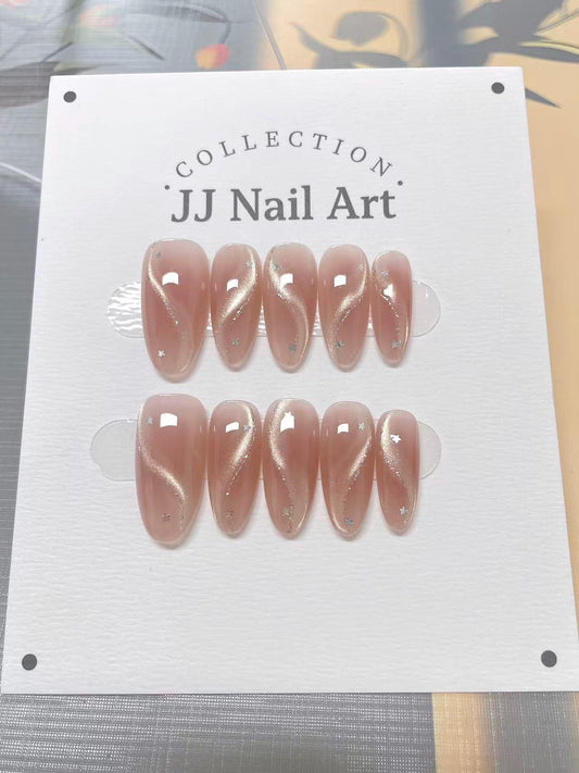 Cat Eye Ribbon Hand Painted Press On Nails: Custom Shape Reusable Nail Set