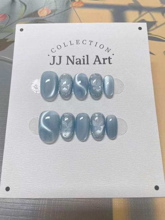 Ocean Blue Cat Eye Press On Nails: Custom Shape Reusable Set