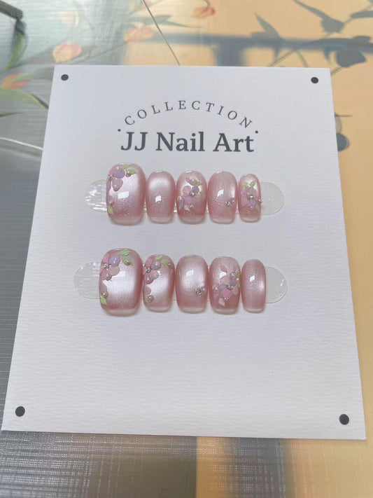 Handmade Pastels Petals Cat Eye Press On Nails: Reusable Set