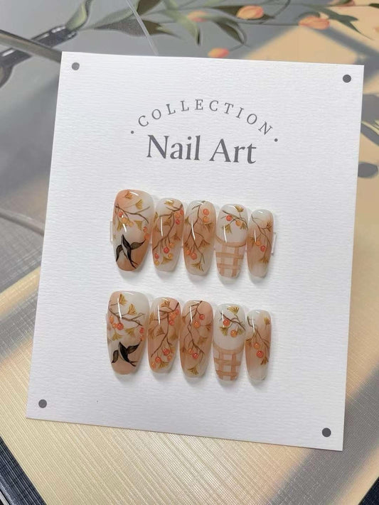 Hand Painted Floral Press On Nails: Cold Night Gel Faux Nails