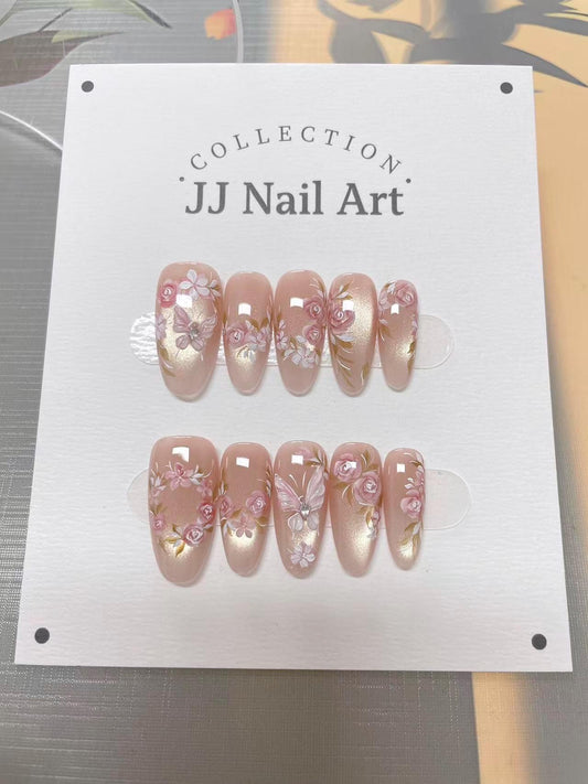 Hand Painted Flower Butterfly Press On Nails, Reusable Custom Nail Shape