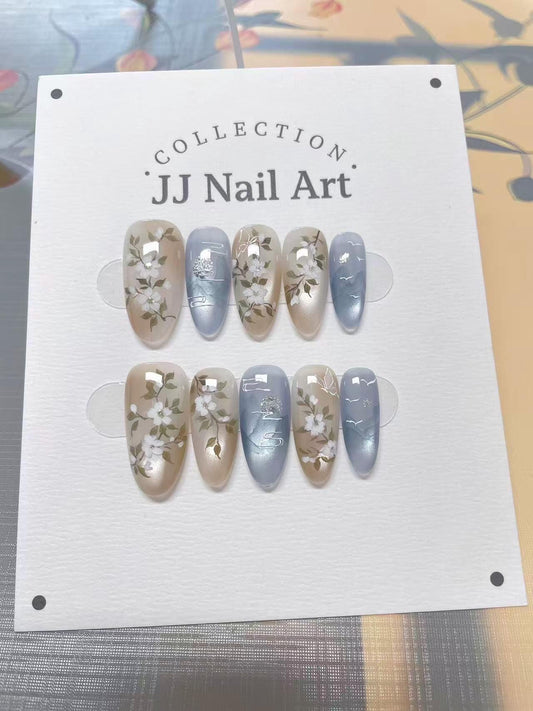 Hand-Painted Flowers French Cat Eye Press On Nails: Reusable Custom Set