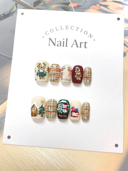 Christmas Bear Press On Nails: Hand Painted Reusable Faux Nails