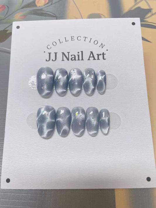 Water Ripples Cat Eye Press On Nails: Custom Shape Reusable Set