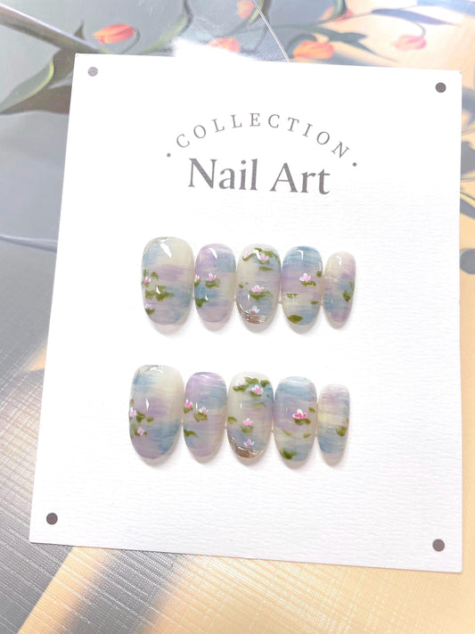 Hand Painted Water Lily Press On Nails: Reusable Artist Faux Nails