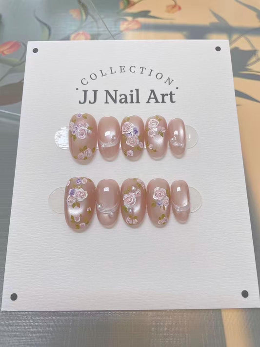 Handpainted Flowers Cat Eye Press On Nails: Reusable Set