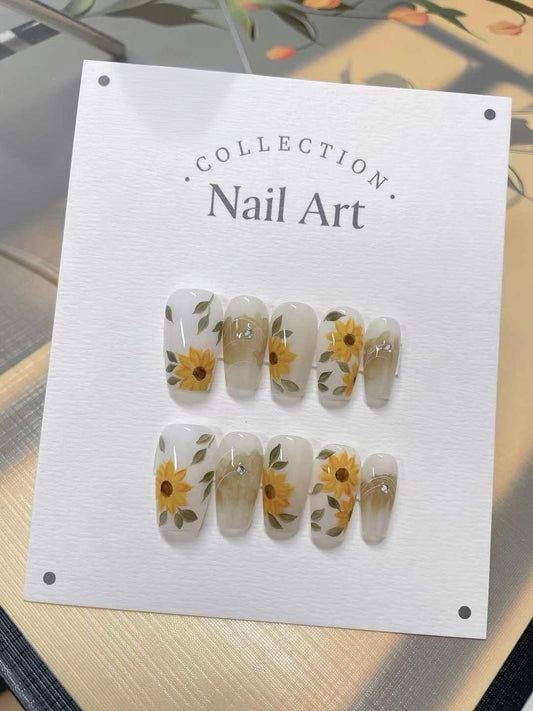 Hand Painted Press On Nails: Fall Floral Gel Faux Nails