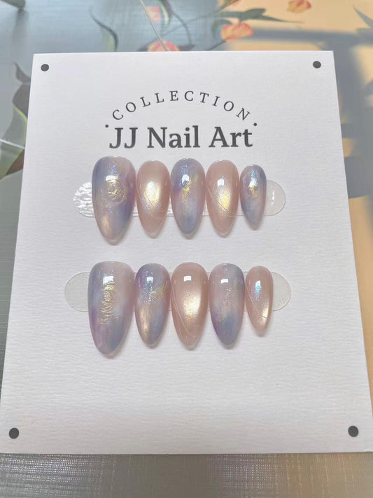 Handmade Blue Pink Ombré Cat Eye Press On Nails: Reusable Set