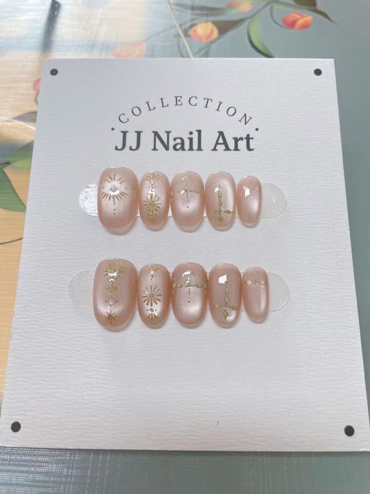 Handmade Peach Cat Eye Cross Press On Nails: Reusable Set