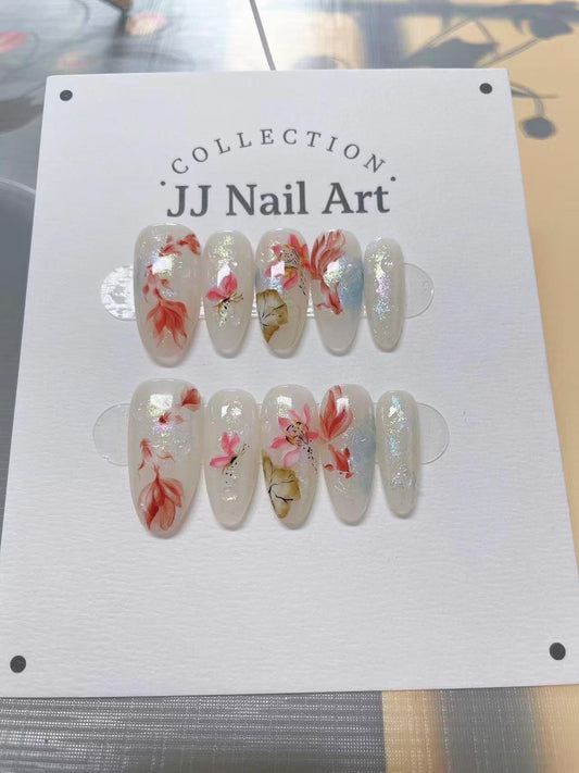 Koi Fish Water Lilies Press On Nails: Custom Shape Reusable Set
