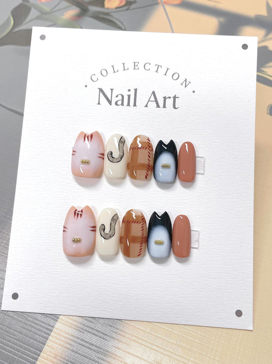 Hand Painted Cat Press On Nails: Reusable Artist Faux Nails