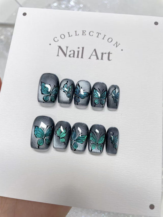 Butterfly Cat Eye Press On Nails: Hand Painted Reusable Faux Nails