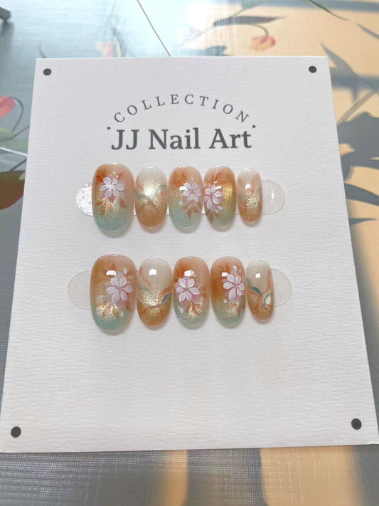 Handmade Orange Green Smudge Press On Nails: Reusable Set