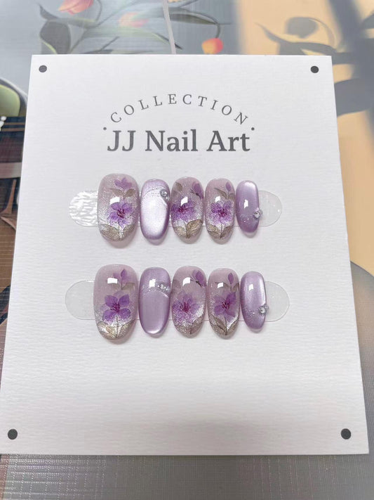 Purple Flowers Press On Nails: Custom Shape Reusable Nail Set