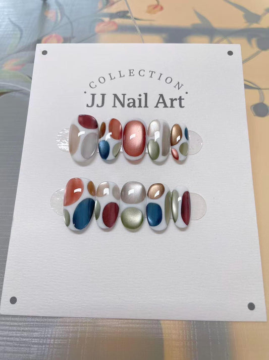 Colorful Cat Eye Press On Nails: Custom Shape Reusable Set
