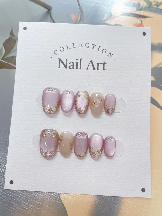 Hand Painted Flower Press On Nails: Pink Gem Artist Faux Nails