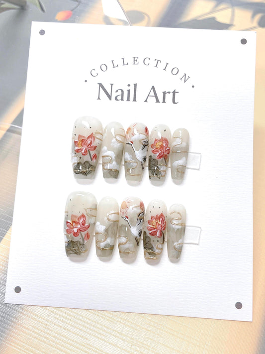 Lotus Stork Press On Nails: Hand Painted Reusable Faux Nails