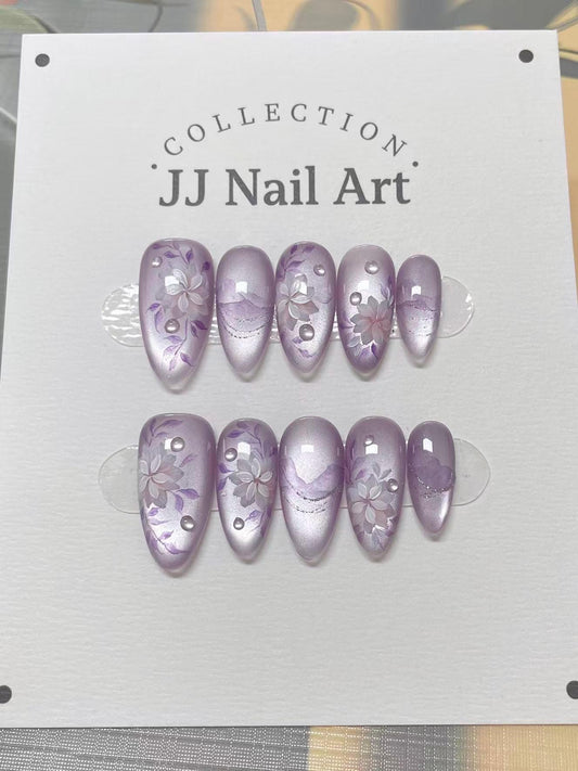 Purple Cat Eye W Petals Press On Nails: Hand Painted Reusable Custom Shape Nails