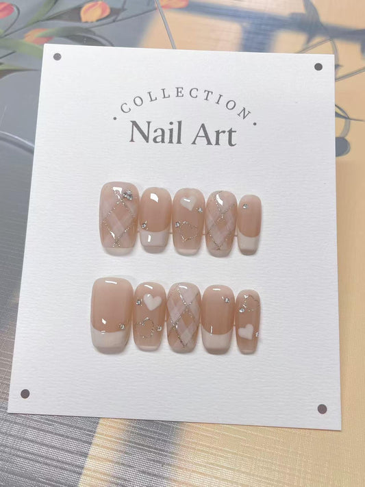 Hand Painted Press On Nails: Hearts, French Chessboard, Reusable