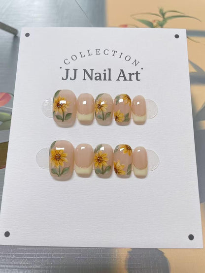 Handmade SunFlowers French Press On Nails: Reusable Set