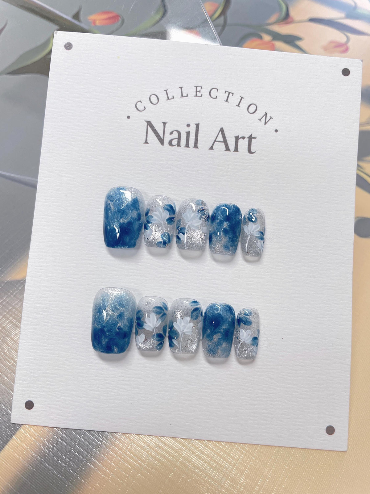 Hand Painted Blue Flower Press On Nails: Cat Eye Elegant Faux Nails
