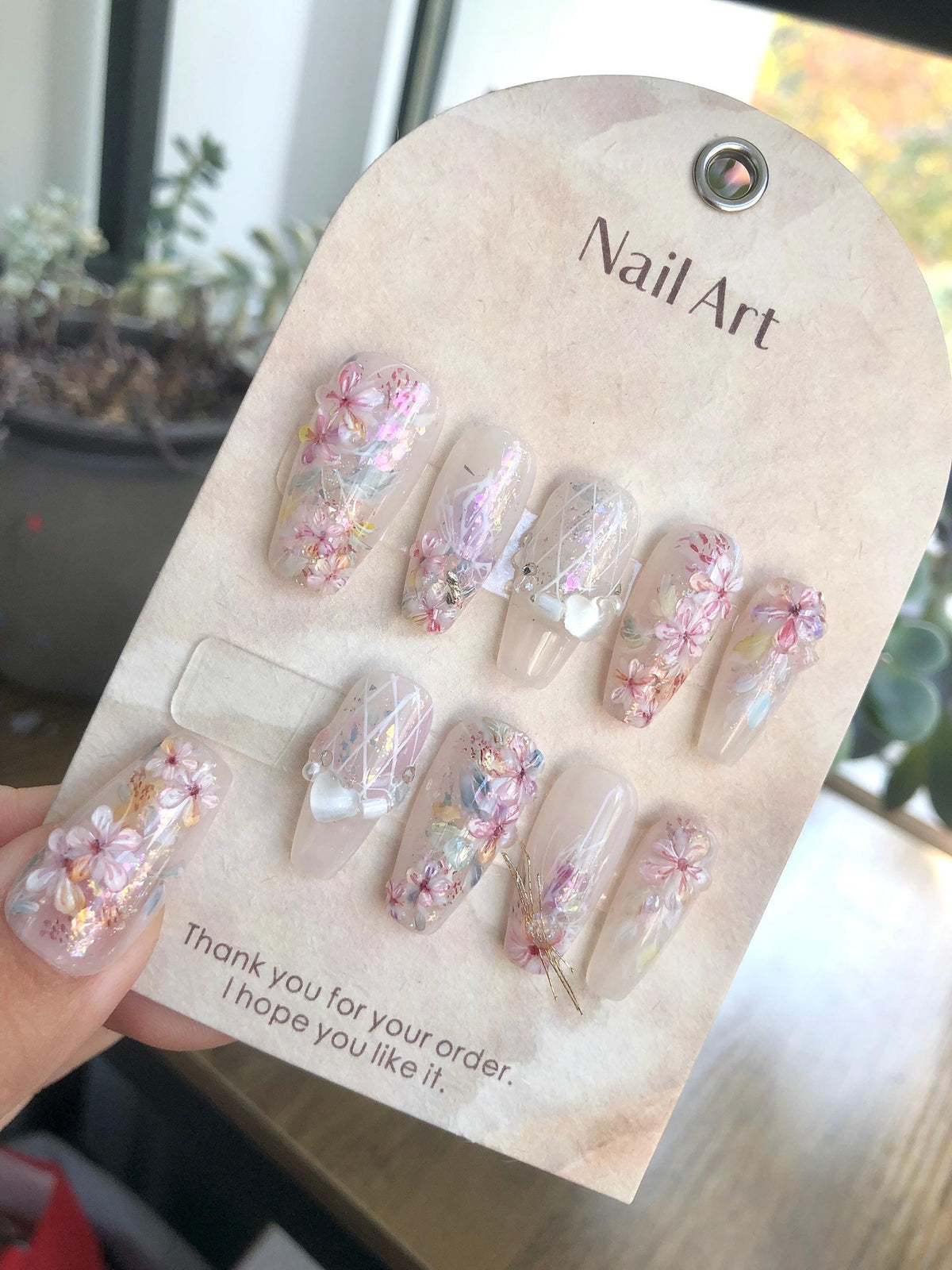 Blooming Flowers Press On Nails: Hand Painted Reusable Faux Nails