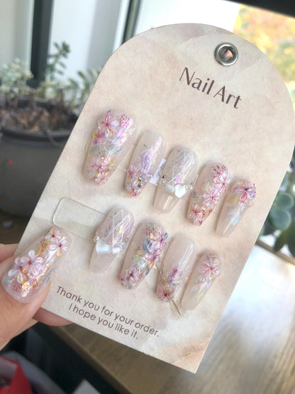 Blooming Flowers Press On Nails: Hand Painted Reusable Faux Nails