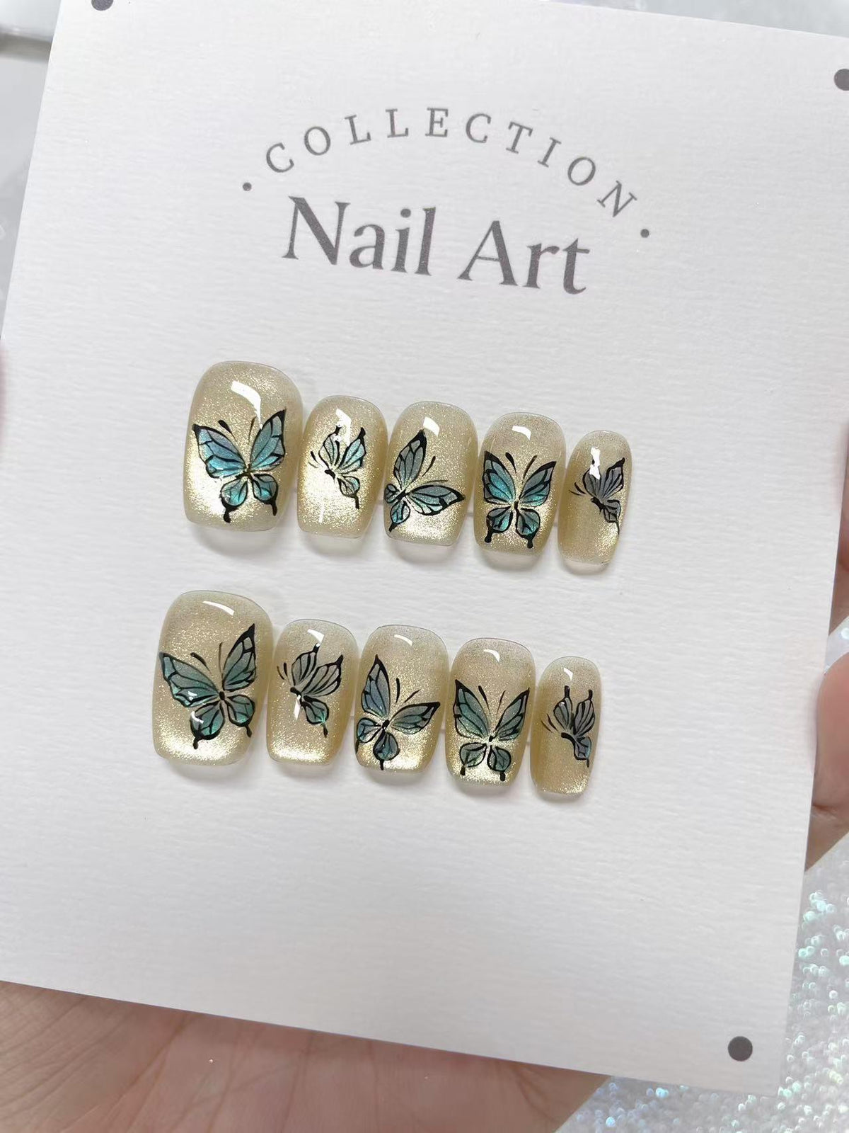 Butterfly Cat Eye Press On Nails: Hand Painted Reusable Faux Nails
