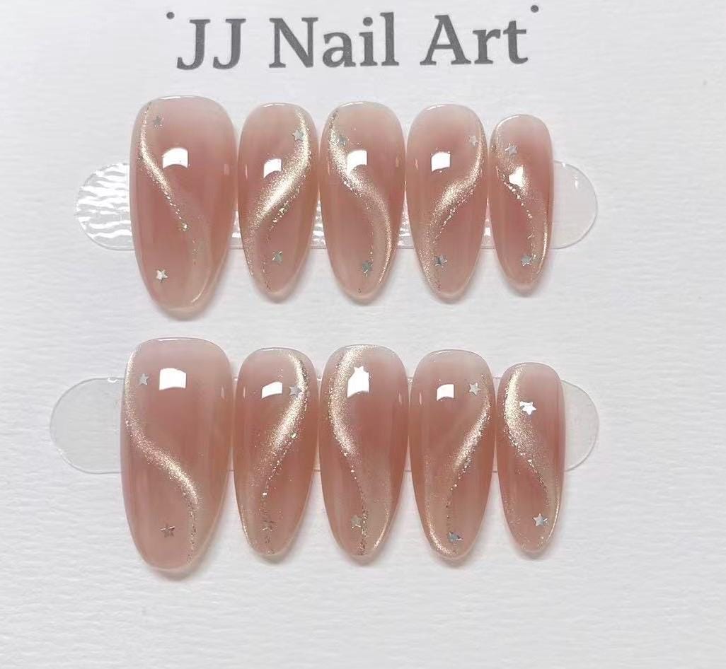 Cat Eye Ribbon Hand Painted Press On Nails: Custom Shape Reusable Nail Set