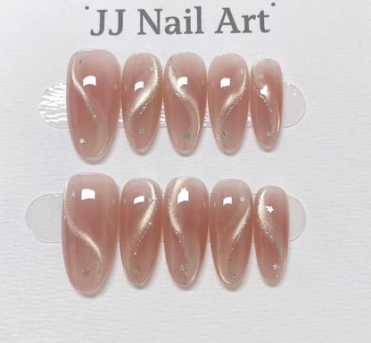 Cat Eye Ribbon Hand Painted Press On Nails: Custom Shape Reusable Nail Set