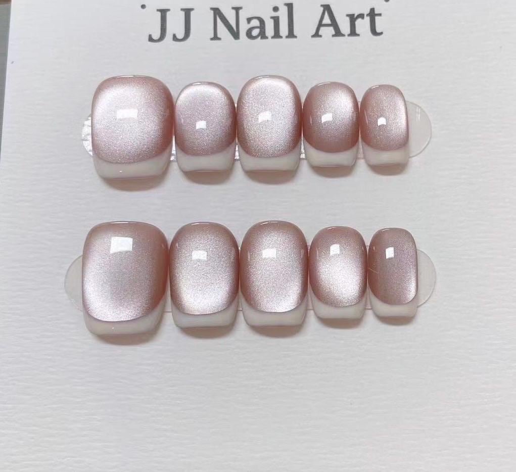 White French Cat Eye Hand Painted Press On Nails: Custom Shape Reusable Nail Set