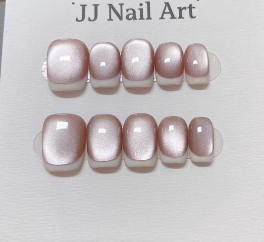 White French Cat Eye Hand Painted Press On Nails: Custom Shape Reusable Nail Set