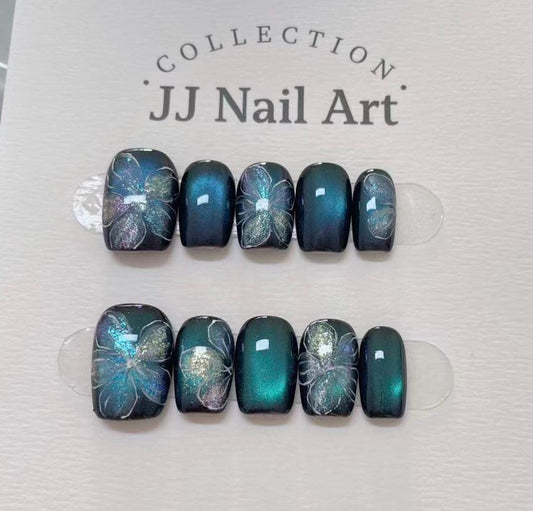 Handmade Blue Petals Cat Eye Press On Nails: Custom Shape Reusable Set